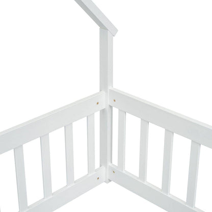 Twin Wood House-Shaped Floor Bed with Fence, Guardrails, White