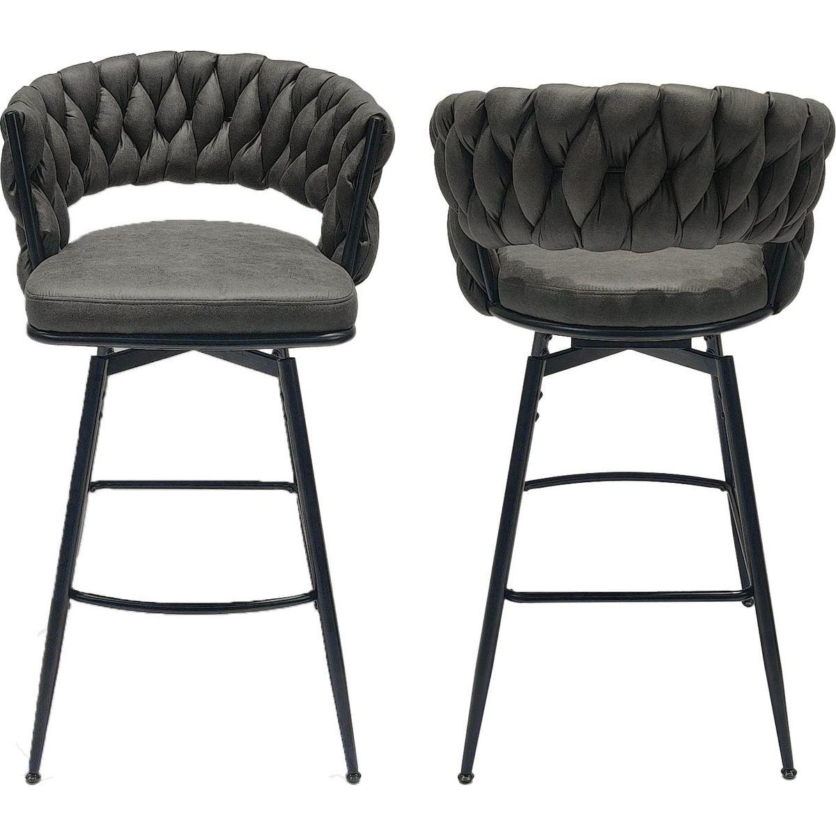 Technical Leather Woven Bar Stool Set of 2,Black legs Barstools No Adjustable Kitchen Island Chairs,360 Swivel Bar Stools Upholstered Counter Stool Arm Chairs with Back Footrest, (Tan)