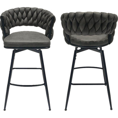 Technical Leather Woven Bar Stool Set of 2,Black legs Barstools No Adjustable Kitchen Island Chairs,360 Swivel Bar Stools Upholstered Counter Stool Arm Chairs with Back Footrest, (Tan)