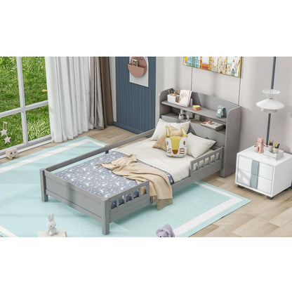 Wood Twin Size Platform Bed with Built-in LED Light, Storage Headboard and Guardrail, Antique Grey