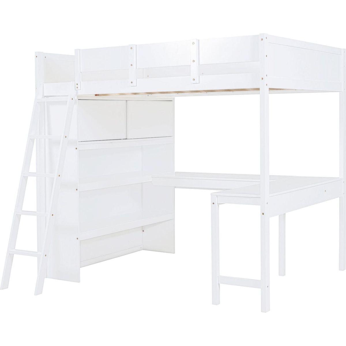Full Size Loft Bed with Desk and Shelf - White
