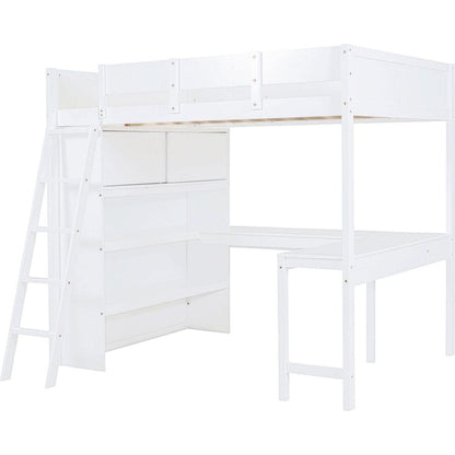 Full Size Loft Bed with Desk and Shelf - White