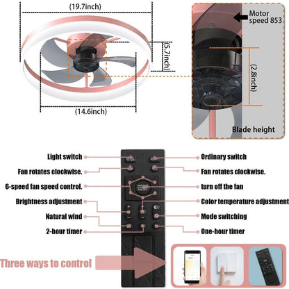 Ceiling Fans with Lights Dimmable LED Embedded installation of thin modern ceiling fans(Pink)