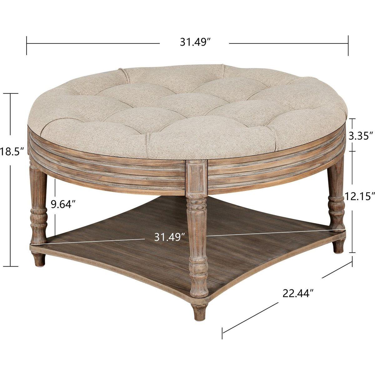 Large Round Ottoman Coffee Table 2 Tier Oversized Button Tufted Ottoman with Wooden Shelf Storage Farmhouse Upholstered Coffee Table Living Room Footstool Ottoman Linen