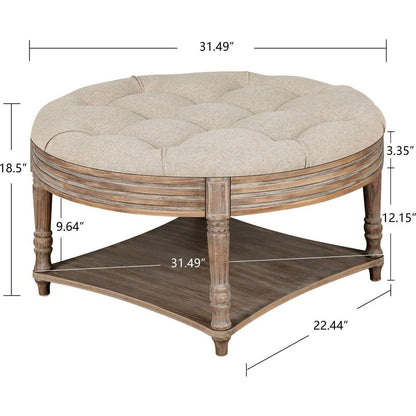 Large Round Ottoman Coffee Table 2 Tier Oversized Button Tufted Ottoman with Wooden Shelf Storage Farmhouse Upholstered Coffee Table Living Room Footstool Ottoman Linen