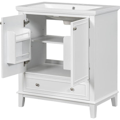 30" Bathroom Vanity with Sink Combo, Multi-functional Bathroom Cabinet with Doors and Drawer, Solid Frame and MDF Board, White