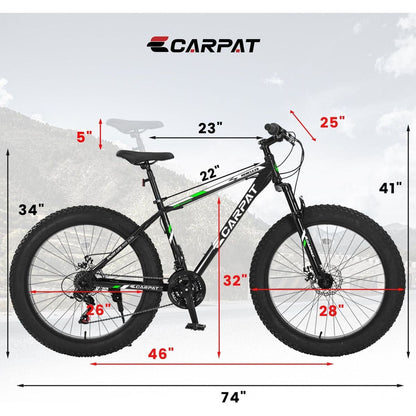 S26109 Elecony 26 Inch Fat Tire Bike Adult/Youth Full Shimano 21 Speed Mountain Bike, Dual Disc Brake, High-Carbon Steel Frame, Front Suspension, Mountain Trail Bike, Urban Commuter City Bicycle