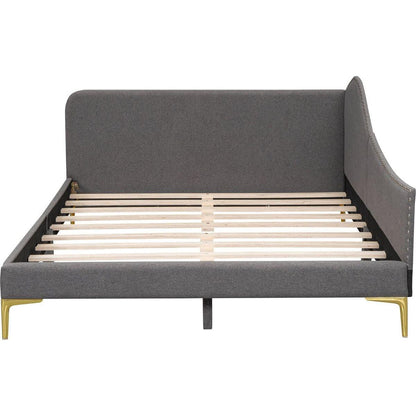 Full Size Upholstered Daybed with Headboard and Armrest, Support Legs, Grey