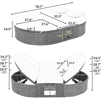 Outdoor Sun Bed Patio 2-Person Daybed with Cushions and Pillows, Rattan Garden Reclining Chaise Lounge with Adjustable Backrests and Foldable Cup Trays for Lawn,Poolside, Gray