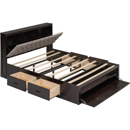 Wood Queen Size Platform Bed with Storage Headboard, shoe rack and 4 drawers,Espresso