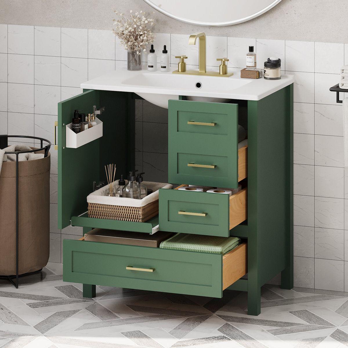 30' Green Bathroom Vanity with Sink Combination Set, Bathroom Storage Cabinet with Soft Close Door, 3 Soft Close Drawers and Removable Tray, Solid Wood Frame
