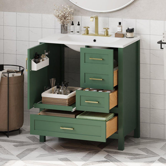 30' Green Bathroom Vanity with Sink Combination Set, Bathroom Storage Cabinet with Soft Close Door, 3 Soft Close Drawers and Removable Tray, Solid Wood Frame