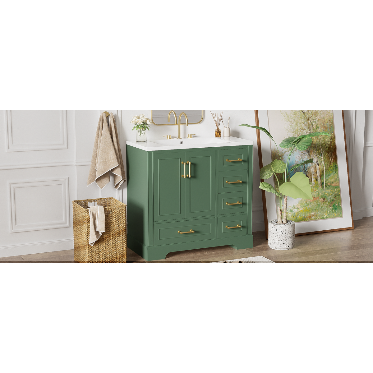 36-inch Traditional Bathroom Vanity with Resin Sink Combo Set, Green Bathroom Cabinet with Two Doors and Four Drawers