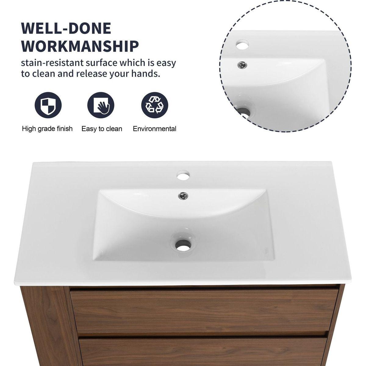 36" Wall Mounting Bathroom Vanity With Ceramic Sink, Soft Close Drawer