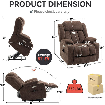 Up to 350 LBS Chenille Power Lift Recliner Chair, Heavy Duty Motion Mechanism with 8-Point Vibration Massage and Lumbar Heating, USB and Type-C Ports, Stainless Steel Cup Holders, Brown