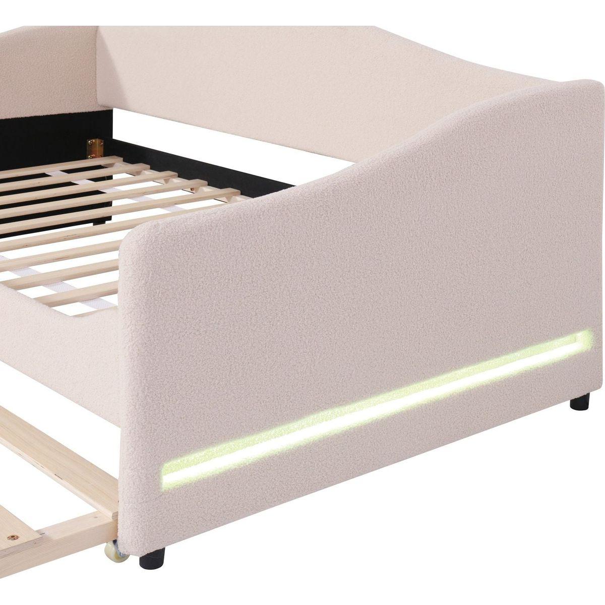 Teddy Fleece Twin Size Upholstered Daybed with Light and Trundle, Beige