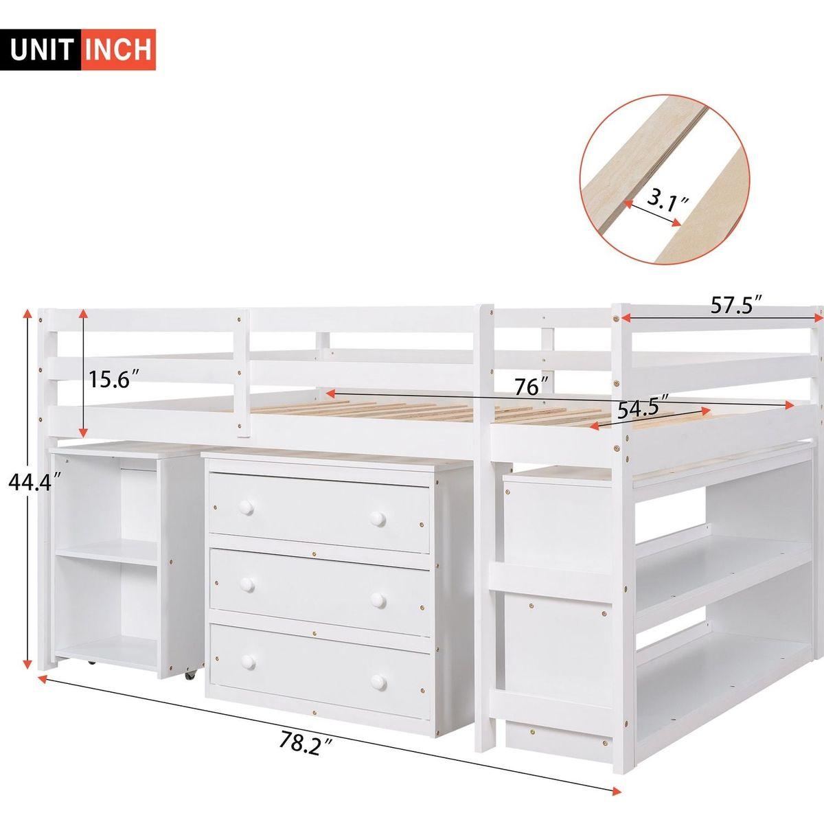 Low Study Full Loft Bed with Cabinet, Shelves and Rolling Portable Desk, Multiple Functions Bed- White