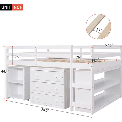 Low Study Full Loft Bed with Cabinet, Shelves and Rolling Portable Desk, Multiple Functions Bed- White