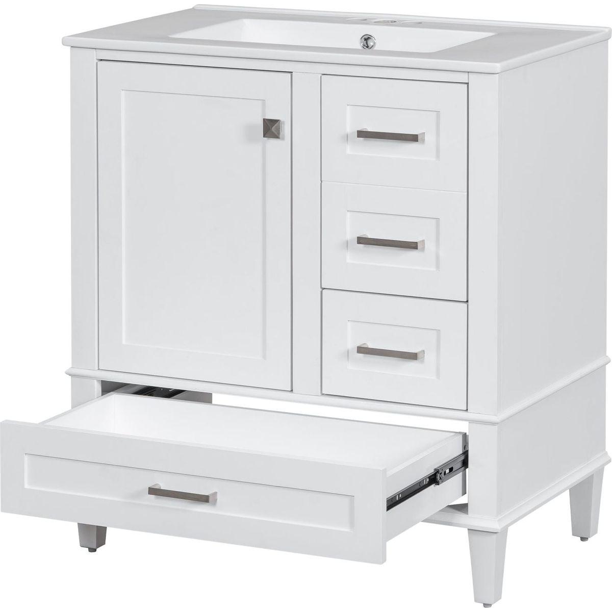 30" Bathroom Vanity, Modern Bathroom Cabinet with Sink Combo Set, Bathroom Storage Cabinet with a Soft Closing Door and 3 Drawers, Solid Wood Frame(White)