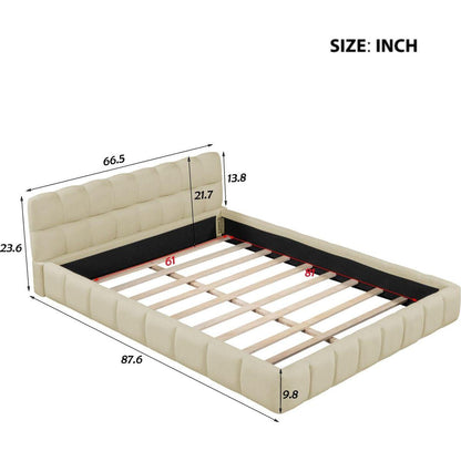 Queen Size Upholstered Platform Bed with Thick Fabric, Grounded Bed with Solid Frame, Beige
