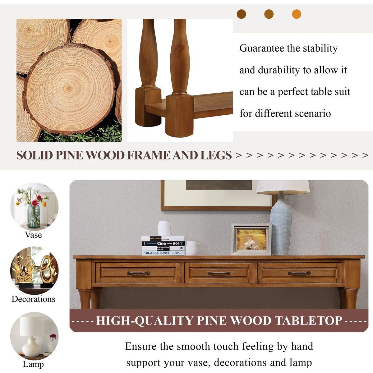 63inch Long Wood Console Table with 3 Drawers and 1 Bottom Shelf for Entryway Hallway Easy Assembly Extra-thick Sofa Table(Brown)