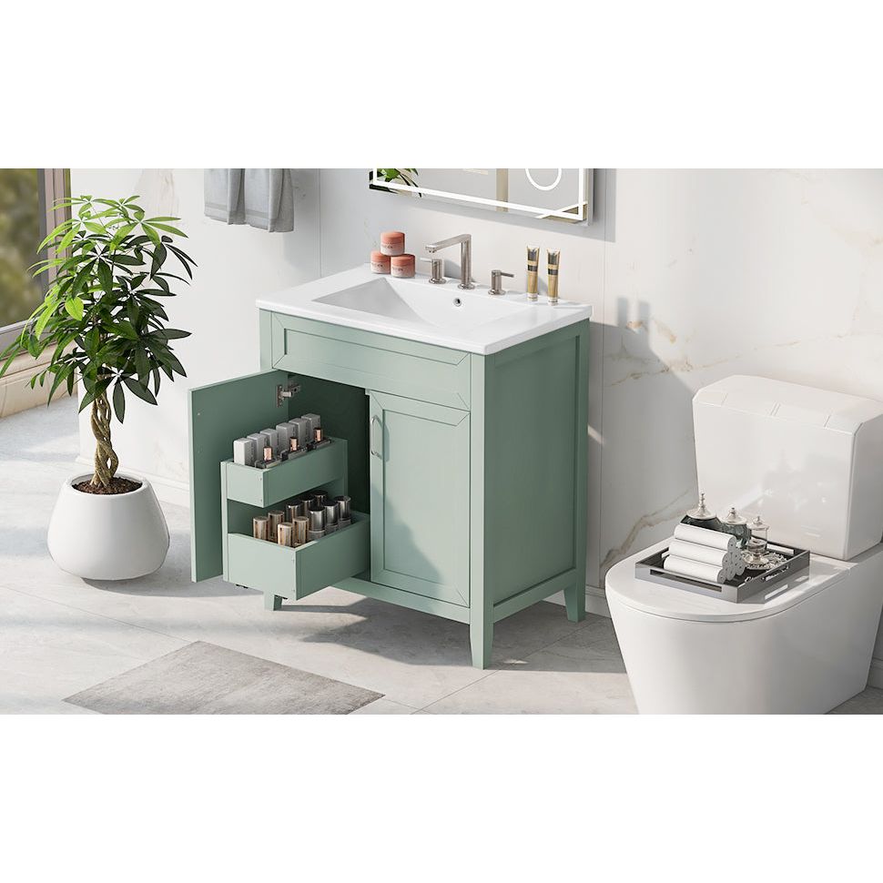 30" Bathroom Vanity with Sink, Multi-functional Bathroom Cabinet with Doors and Drawers, Solid Frame and MDF Board, Green