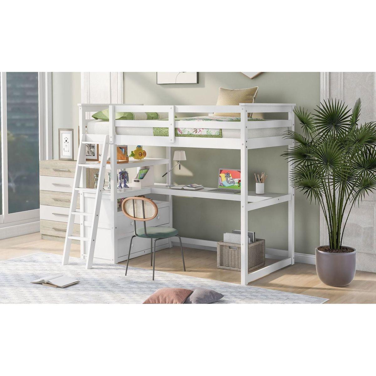 Twin Size Loft Bed with Desk and Shelves, Two Built-in Drawers, White