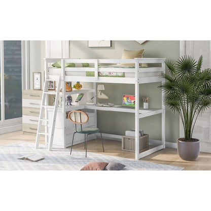 Twin Size Loft Bed with Desk and Shelves, Two Built-in Drawers, White