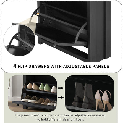 Slim Shoe Cabinet Set with 4 Flip Drawers, Wood Grain Pattern Top Shoe Storage Solution with Adjustable Panel, Modern Style Shoe Rack with Drawers for Hallway, Black