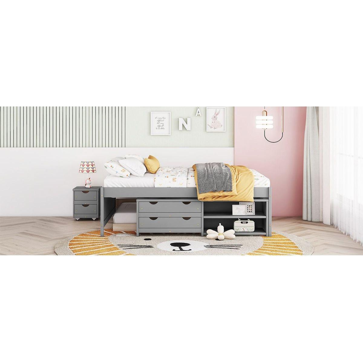 Versatile Full Bed with Trundle,Under bed Storage Box and Nightstand .Grey