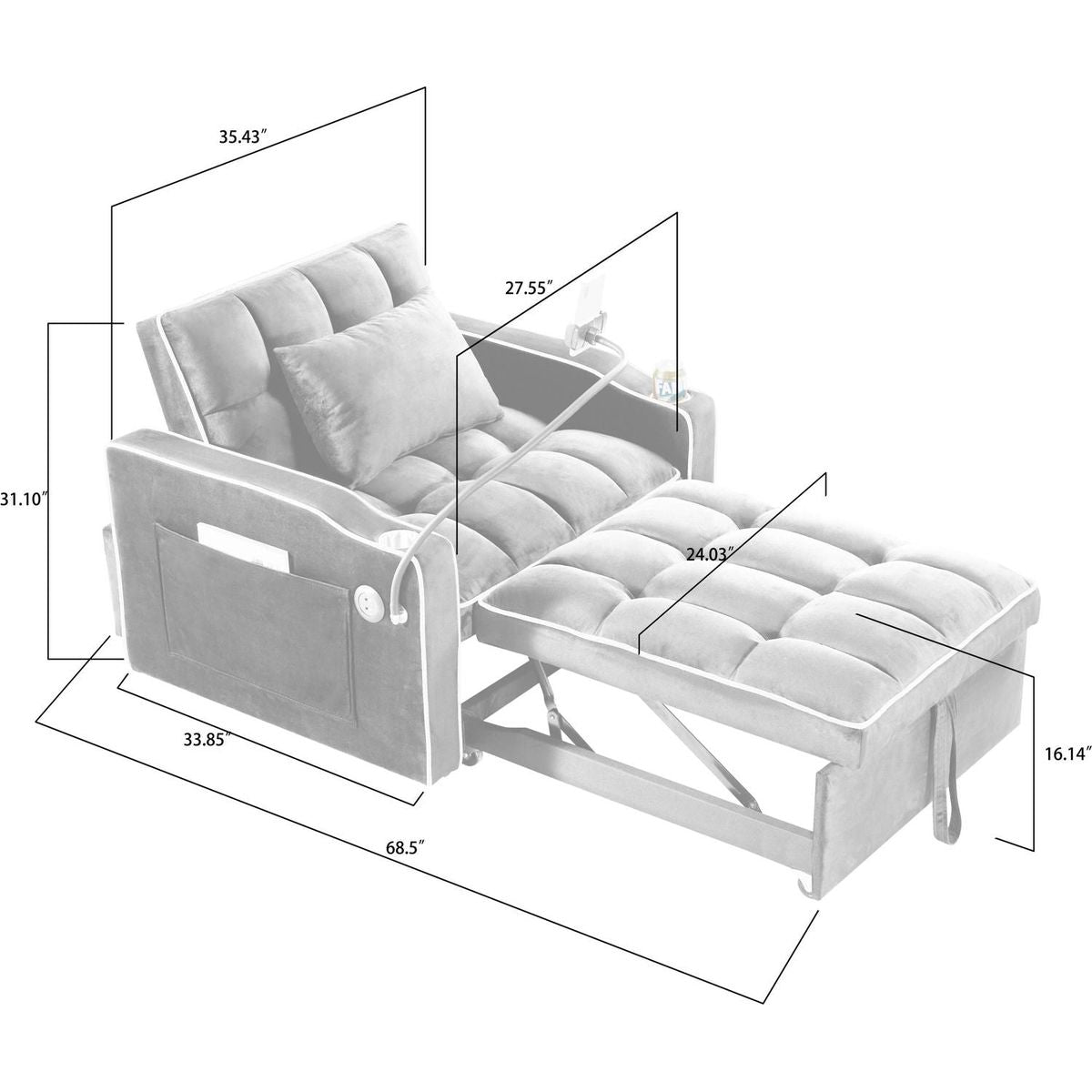 Convertible Sleeper Chair Sofa Bed Adjustable Pull Out Sleeper Chair Bed Multi-Pockets Folding Sofa Bed for Living Room Bedroom Small Space,3-in-1 Sofa Bed, (Black)