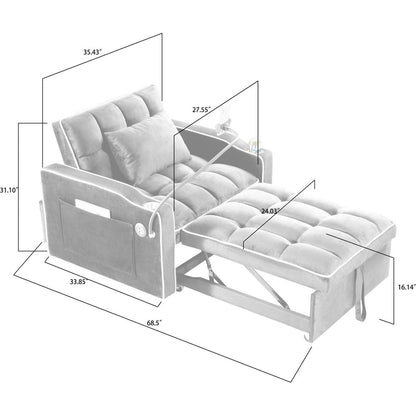Convertible Sleeper Chair Sofa Bed Adjustable Pull Out Sleeper Chair Bed Multi-Pockets Folding Sofa Bed for Living Room Bedroom Small Space,3-in-1 Sofa Bed, (Black)