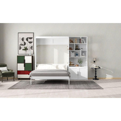 Full Size Murphy Bed with Multiple Storage Shelves and A Cabinet, White