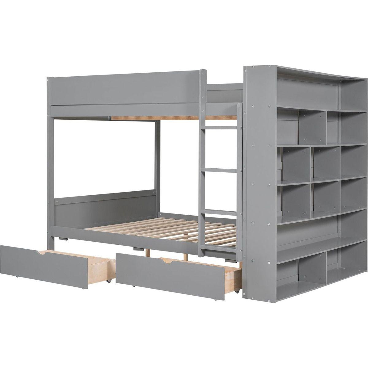 Full over Full Bunk Bed With 2 Drawers and Multi-layer Cabinet, Gray