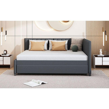 Full Size Upholstered Daybed with Trundle Sofa Bed Frame No Box Spring Needed, Linen Fabric(Gray)