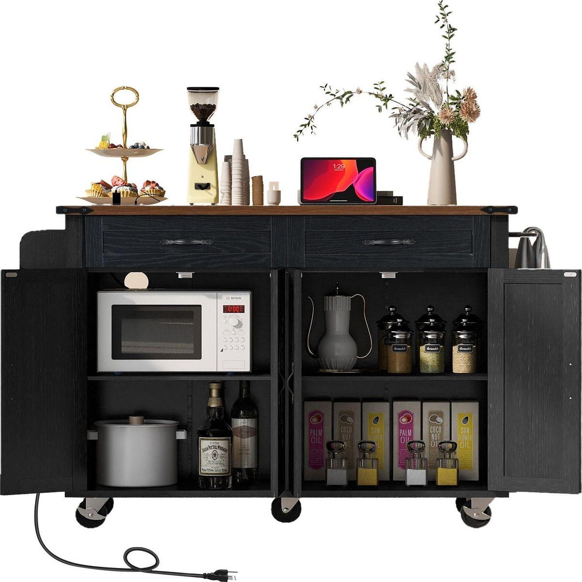 53.5"Farmhouse Kitchen Island with Power Outlet, Kitchen Storage Island with Drop Leaf, Spice Rack and Drawer, Rolling Kitchen Cart on Wheels, for Home, Kitchen and Dining Room, Black