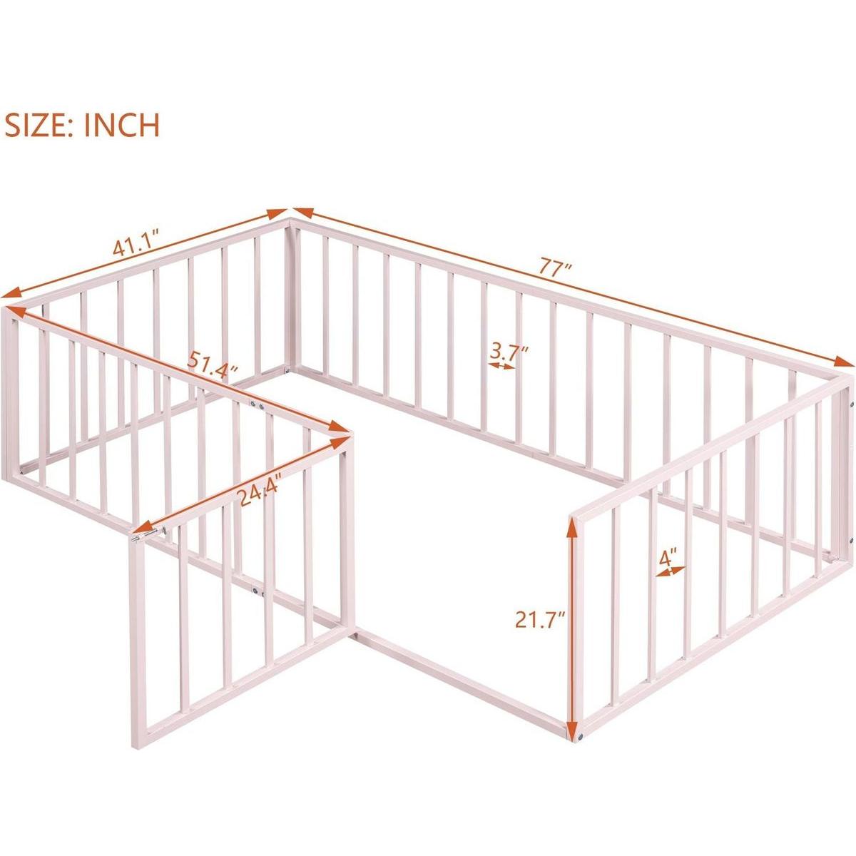 Twin Size Metal Floor Bed Frame with Fence and Door, Pink