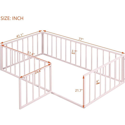 Twin Size Metal Floor Bed Frame with Fence and Door, Pink