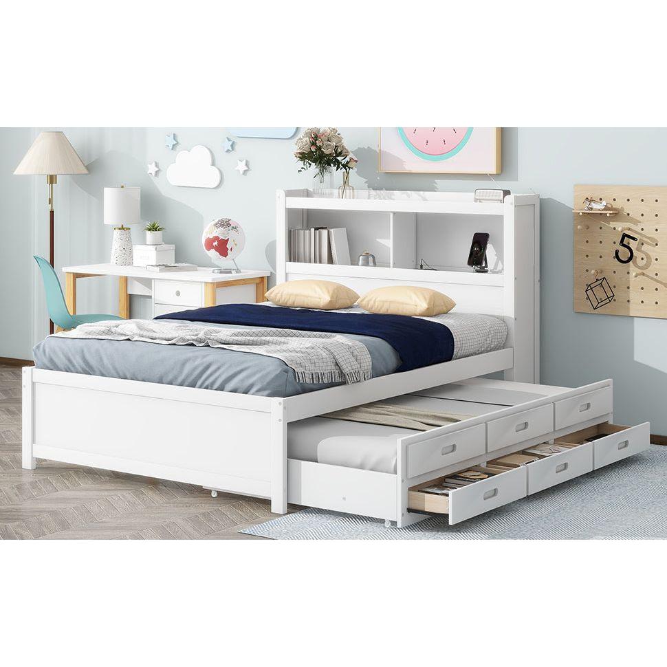 Full Size platform bed with trundle, drawers and USB plugs, White