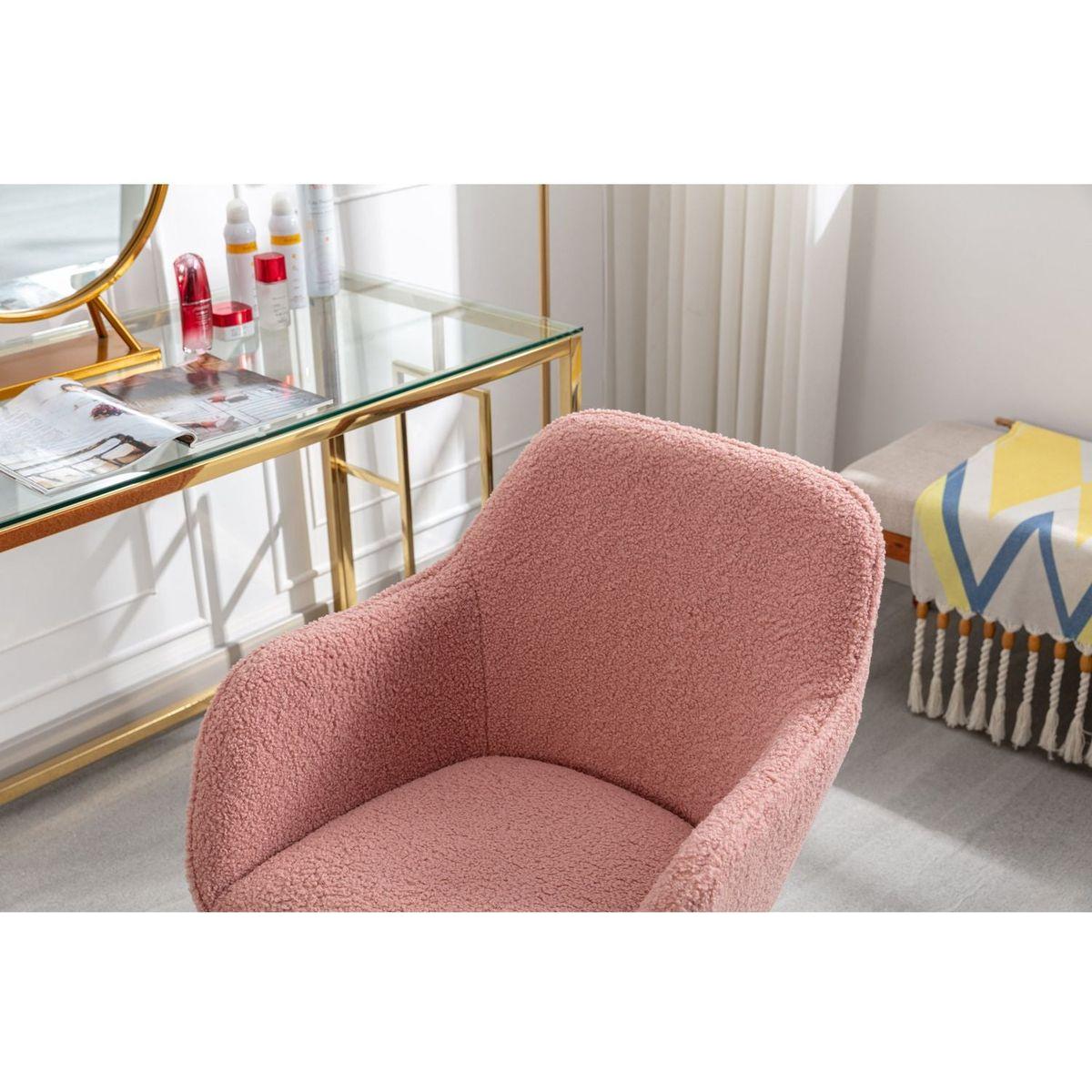 Modern Teddy Fabric Material Adjustable Height 360 Revolving Home Office Chair With Gold Metal Legs And Universal Wheel For Indoor,Pink