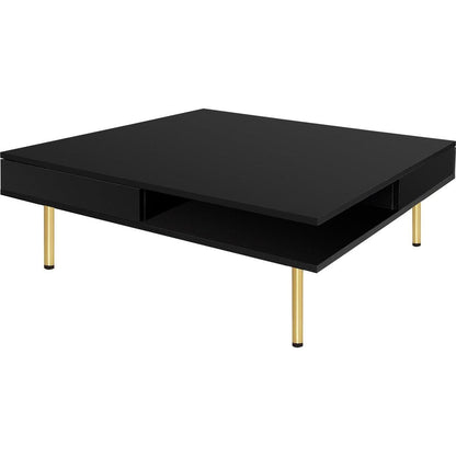 Exquisite High Gloss Coffee Table with 4 Golden Legs and 2 Small Drawers, 2-Tier Square Center Table for Living Room, Black