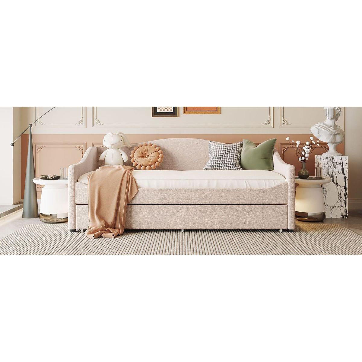 Teddy Fleece Twin Size Upholstered Daybed with Light and Trundle, Beige