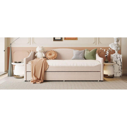 Teddy Fleece Twin Size Upholstered Daybed with Light and Trundle, Beige