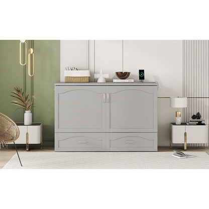 Queen Size Murphy Bed Wall Bed with drawer and a set of Sockets & USB Ports, Pulley Structure Design, Gray