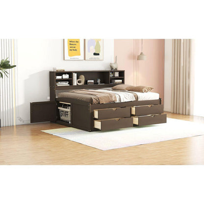 Full Size Wood Daybed with 2 Bedside Cabinets, Upper Shelves and 4 Drawers, Antique Brown