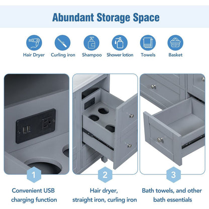 36 Inch Modern Bathroom Vanity with USB Charging, Two Doors and Three Drawers Bathroom Storage Vanity Cabinet with single top, Small Bathroom Vanity cabinet with sink, White & Gray Blue - Faucets Not