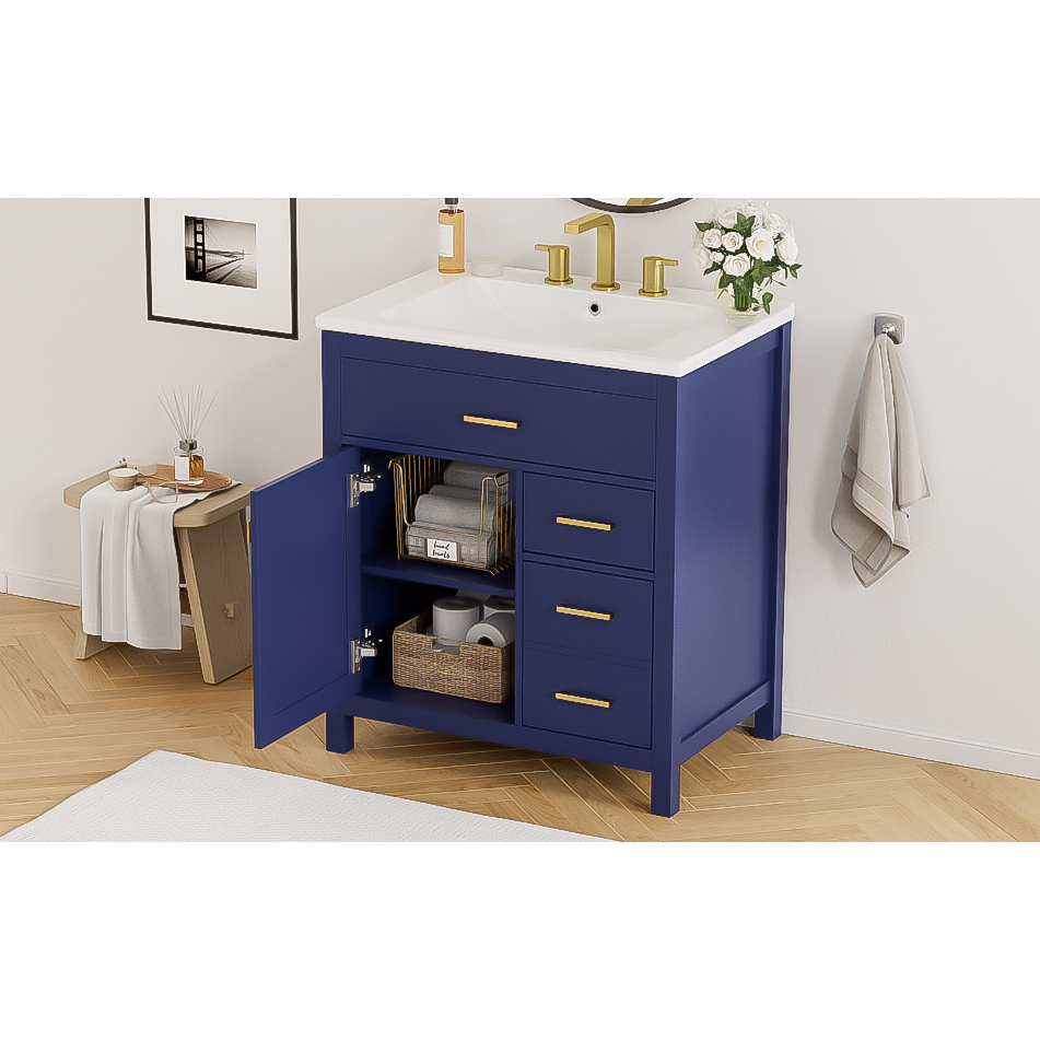 30-Inch Blue Bathroom Vanity with Ceramic Sink and Ample Storage - Ideal Choice for Small Bathrooms