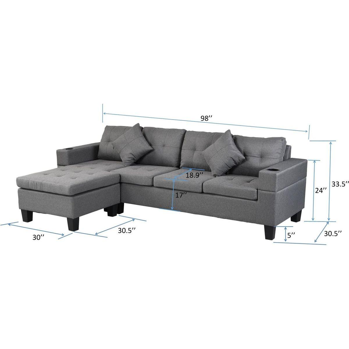 Sectional Sofa Set for Living Room with L Shape Chaise Lounge, cup holder and Left or Right Hand Chaise Modern 4 Seat