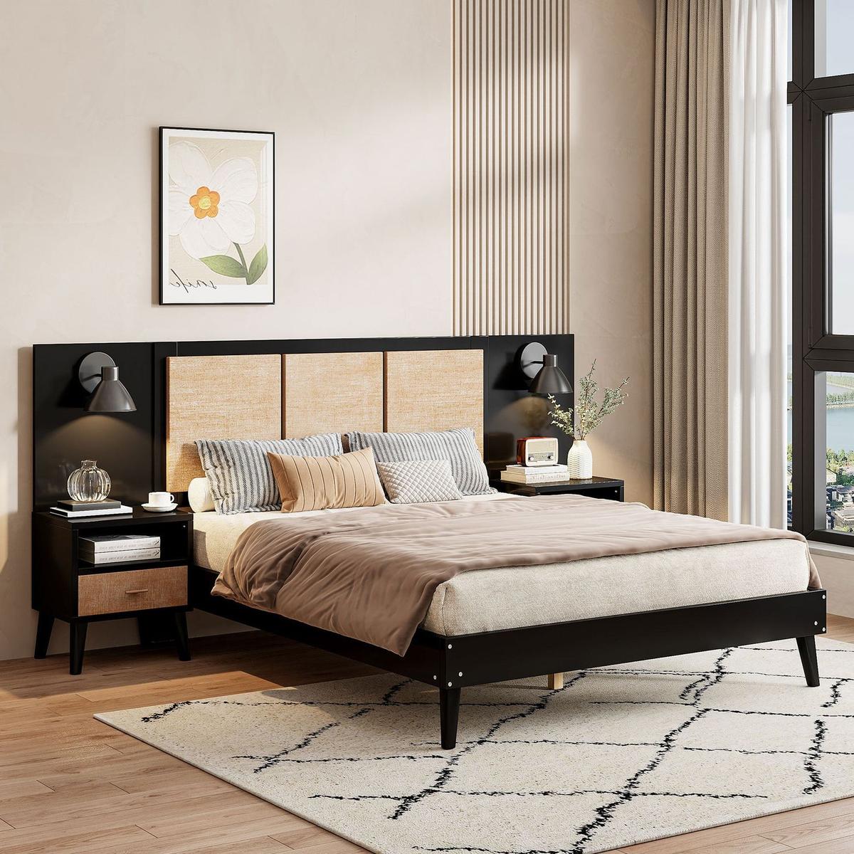 Queen Size Solid Wood Bed Frame with 2 Nightstands, Elegant Design with Lamps, Rattan and Wood Combination,Black - Streamdale Furniture