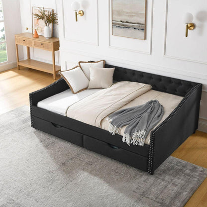 Full Size Daybed with Drawers Upholstered Tufted Sofa Bed, with Button on Back and Copper Nail on Waved Shape Arms(80.5"x55.5"x27.5")